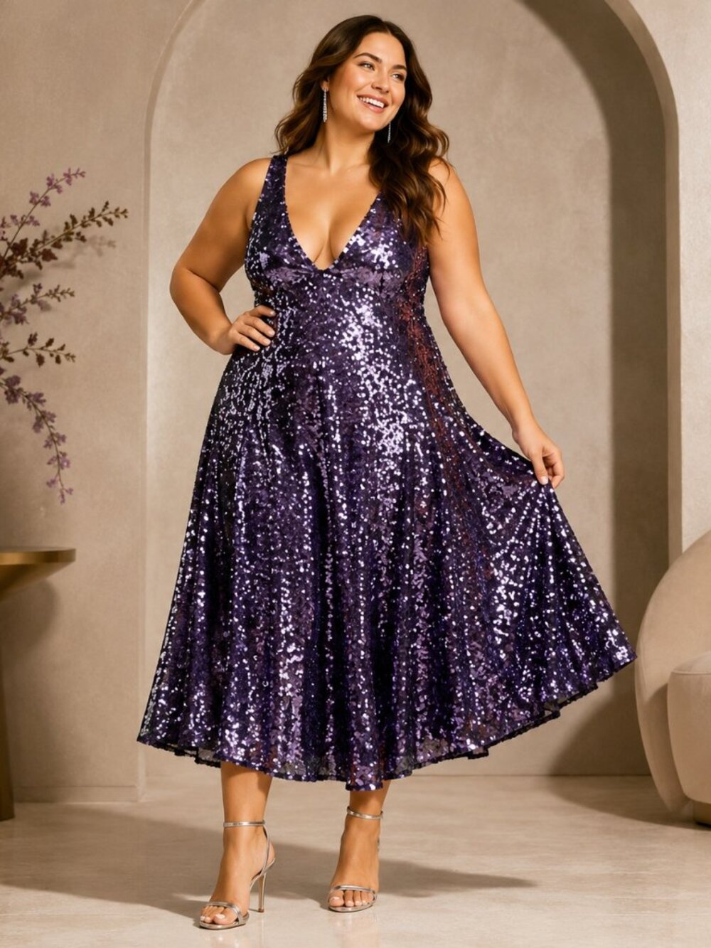 Plus Size Purple Sequin Dress Anthropologie Deep V Bow Back 1X